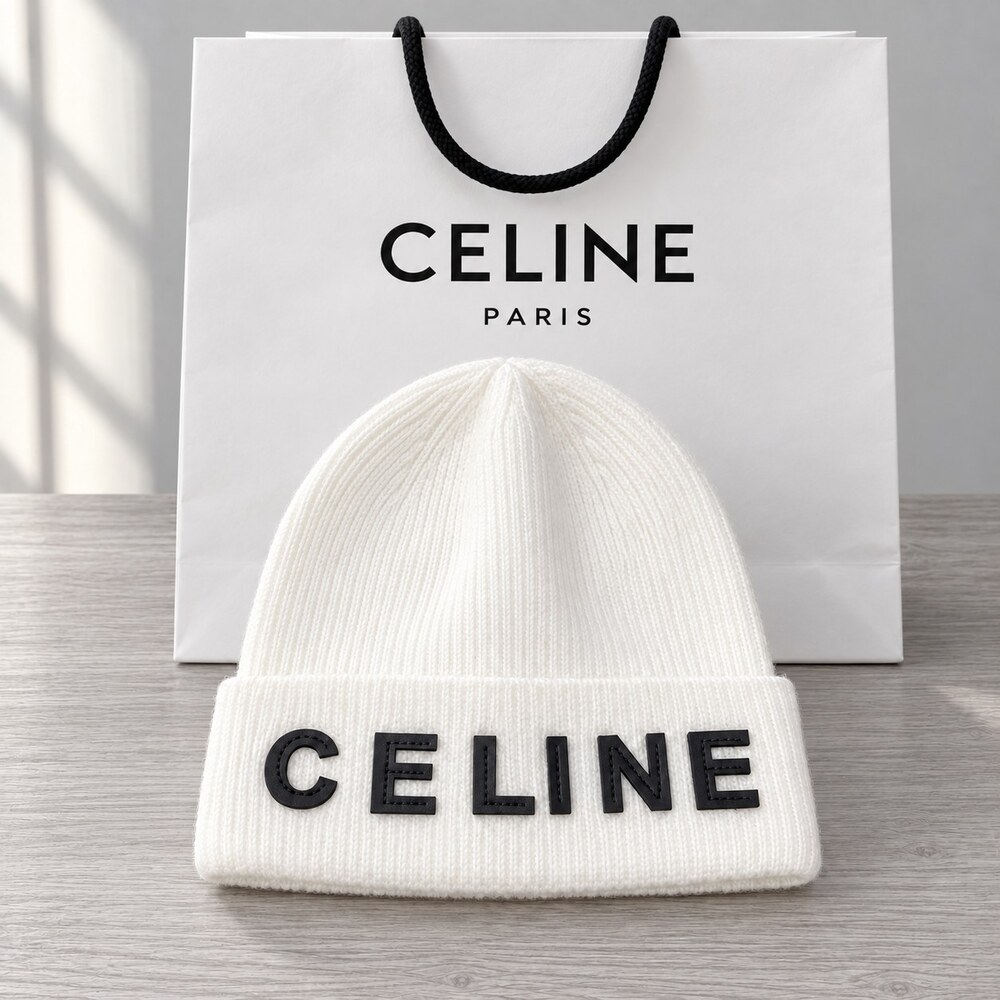 CELINE White Ribbed Knit Beanie